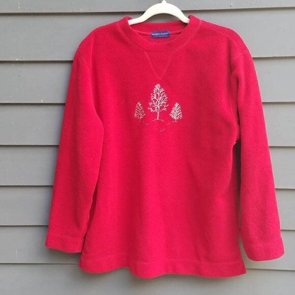 Karen Scott Red Fleece with Gold Embroidered Trees size Medium - Picture 1 of 13